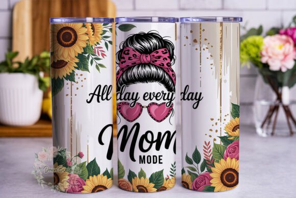 Messy Bun Mom Sunflower Tumbler Wraps & Graphics