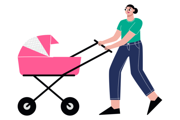 Young Mom Walk with Pram: Graphics and Illustrations